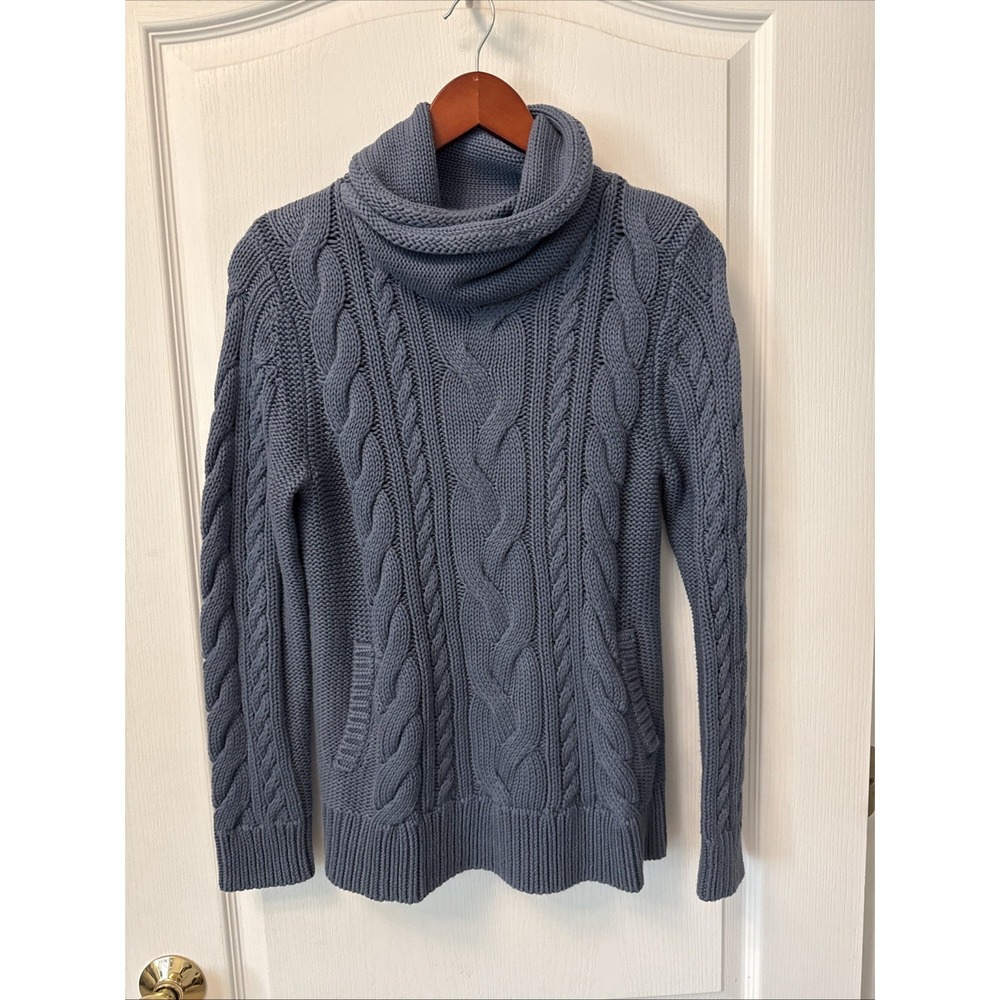LL Bean Womens XS Petite Cable Knit Sweater Dusty Blue Cotton Cowl Neck Pullover